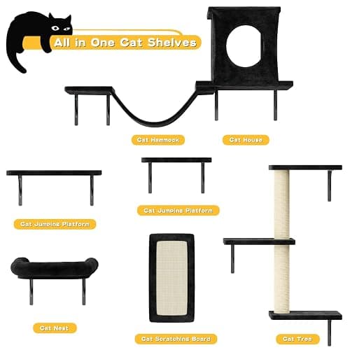 NUNU LAB Wall Mounted Cat Climber Set, 6 Pcs Cat Furniture Set with House, Bridge, Steps, Scratcher Board and Hammock, Shelves for Indoor, Luxury Walls Furniture(Black) thumbnail 5