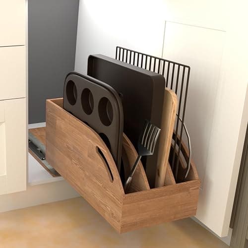 DINDON Pull Out Cabinet Organizer for Pans, Pot lid, Cookie Sheet, Cutting Board, Baking Tray, Slide Out Kitchen Cabinet Storage Organizer, 10.5''W X 21"D X 10.6"H, Wood thumbnail 2