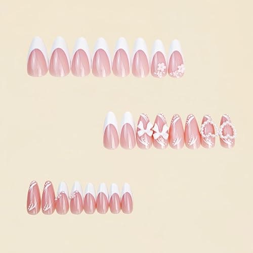 White French Tip Press on Nails Medium Almond Fake Nails with White Bow Flower Designs Glossy Valentines Pearl Heart Charms False Nails False Nails Press ons Cute Floral Acrylic Nails for Women 24Pcs thumbnail 3