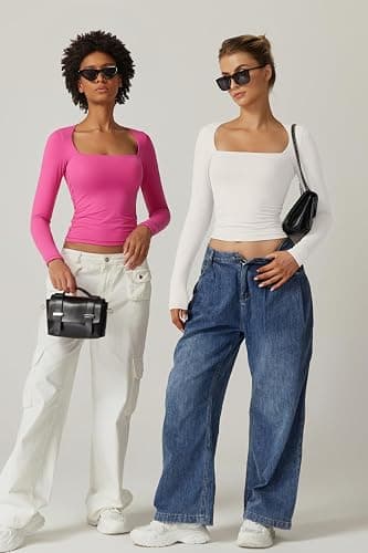 QINSEN Women's Sexy Square Neck Shirt Long Sleeve Double Lined Tees Fitted Going Out Tops thumbnail 6