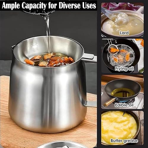Arshany 2L Grease Container with Strainer, 4 in 1 Large Capacity Oil Container with Strainer Tray, Frying Basket & Lid, Stainless Steel Oil Filter Pot for Storing Cooking Frying Oil & Bacon Grease thumbnail 7