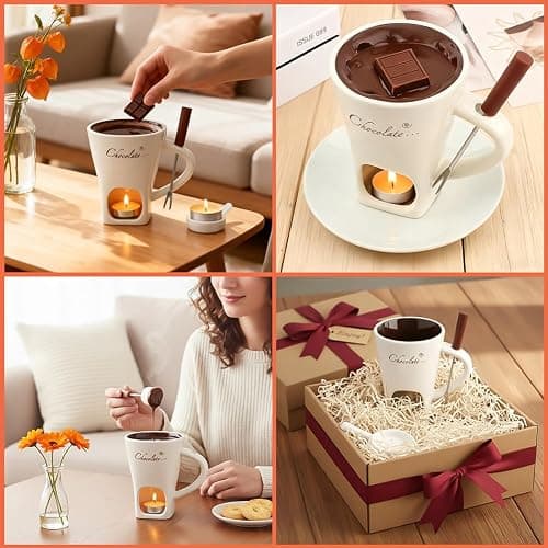 Fondue Pot Cup Set, Ceramic Chocolate Fondue Mug with Forks for Cheese | Mini Fondue Pot Chocolate Melting Cup Without Tealights for Marshmallows, Sweet for Date Night Party Wedding or Holiday Gift thumbnail 6