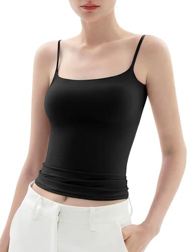 PUMIEY Women's Square Neck Tank Top Adjustable Spaghetti Straps Sleeveless Basic Tops Sharp Collection - Medium - Jet Black - Image 1