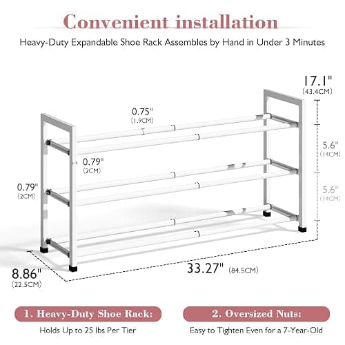 Bumusty 3-Tier Expandable Shoe Rack for Closet, 18“-33” Adjustable Shoe Rack for Small Space, Small Shoe Organizer for Front Door, Sturdy Metal, White thumbnail 3