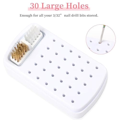 YINGJEE 2 in 1 Nail Drill Bits Holder & Cleaner, 30 Holes, Dustproof Storage Box, Includes 3 Cleaning Brushes, White, Acrylic Plastic, Cosmetic Nail Set, Kit thumbnail 3