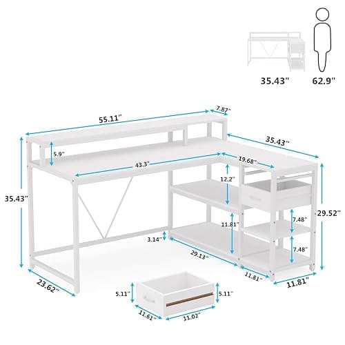 Tribesigns 55-inches Reversible L Shaped Desk with Drawer, Modern White L Corner Desk Home Office Table with Storage Shelves and Monitor Stand, Wooden and Metal PC Desk for Small Space thumbnail 2