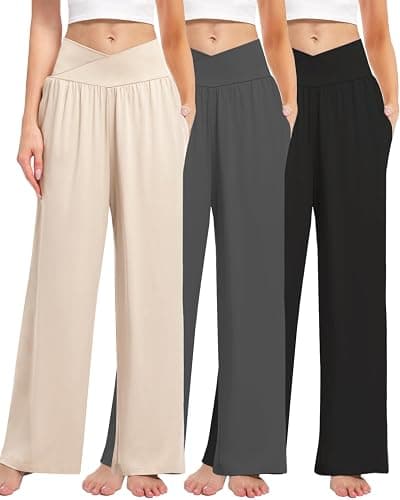 Kivdol 3 Pack Women's Wide Leg Pants Crossover with Pockets High Waist Loose Sweatpants Casual Lounge Yoga Workout Palazzo - Image 1