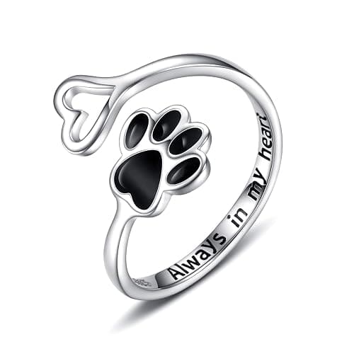 Puppy Lovers Paw Print Heart 925 Sterling Silver Adjustable Ring - Pet Animal Jewelry Creative Pierced Love Dog Cat Claw Ring - Gift for Pet Loving Friends and Families - Image 1