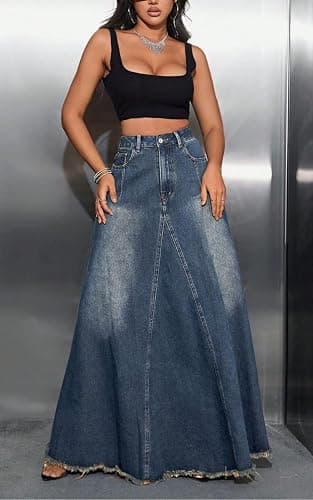 XQR Women's Vintage Full Length Denim Skirts High Waisted Frayed Raw Hem Flared A Line Maxi Long Jean Skirts thumbnail 5