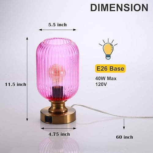 MAINDECO Mid Century Glass Table Lamp,Dimmable Desk Lamp,LED Bulb Included,Touch Control & USB A+C Port,Pink Ribbed Glass thumbnail 5