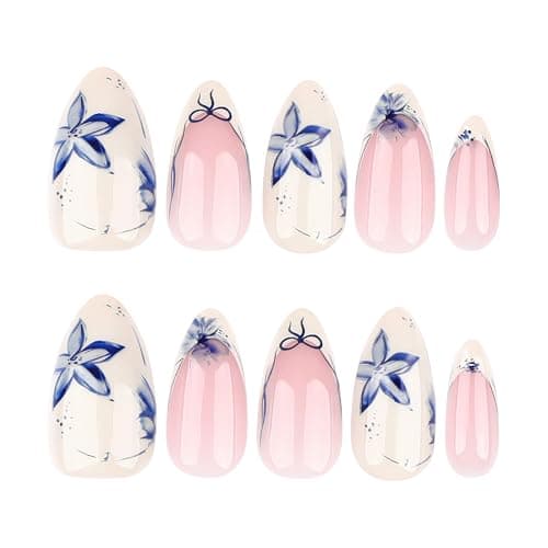French Short Press On Nails Almond, Nude Fake Nails with Beige French Tip and Graceful Blue Floral Petal Design, Glossy Gel Finish Acrylic Nails, Natural Reusable Glue On Nails Kit for Women, 24 Pcs - 31-Petal Grace thumbnail 3