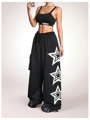 BEAUDRM Women's Y2k Baggy Sweatpants Star Print Drawstring Elastic Waist Baggy Pants Wide Leg Fleece Lined Cargo Sweatpants thumbnail 4