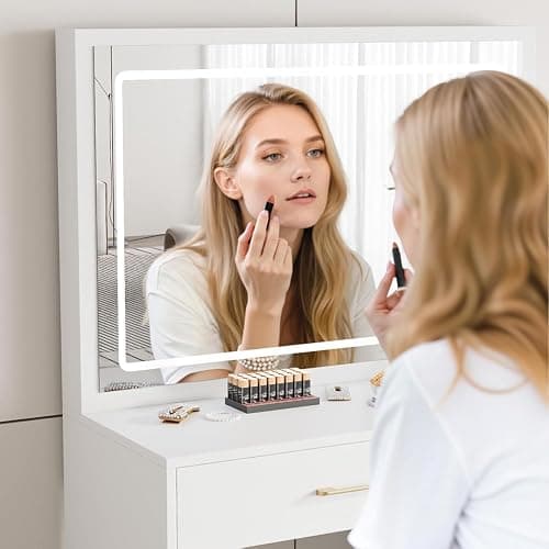 Vanity Desk with LED Mirror, 4 Drawers, and Blow Dryer Rack – White Makeup Vanity with Smart Lighting, Comfortable Stool, and Plug Socket | Vanity Desk with Storage, Makeup Vanity with Drawers thumbnail 6