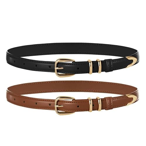 Belle Poque 2 Pack Women Skinny Leather Belts Fashion Ladies Thin Waist Belt with Gold Buckle for Jeans Pants Dresses - Image 1
