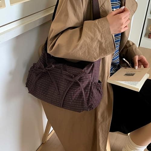 Lushandy Plaid Shoulder Bag Plaid Crossbody Purse Bow Messenger Bag Japanese Style Everyday Bags for College, Travel | Multiple-Pocket, Plaid Bow Design, Lightweight thumbnail 3