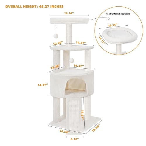 HUITREE 45in Cat Tree Tower with Big Condo for Indoor Kitten,Cat Tower with Scratching Post,Scratching Board and Cat Toys,Multi-Level,Small Space,Transformer Cat Tree, Beige(New) thumbnail 3