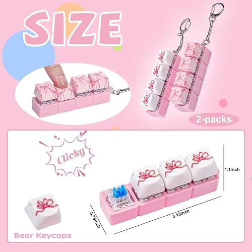 2 Pcs Keyboard Fidget Toys for Adults, Cute Bear Fidget Keyboard Clicker Keychain Pink Bow Cube Button Finger Clicker Toy for Anxiety ADHD Stress Relief Gift (Pink, White) thumbnail 3