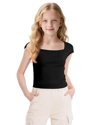 NUMYEAN Crop Tops for Girls Short Sleeve Shirt Girls Summer Tops Square Neck Slim Fit Tops Basic Tee thumbnail 2