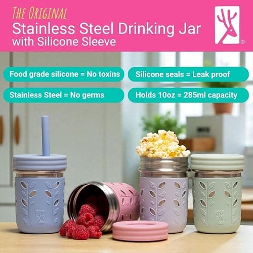 Elk and Friends Kids 10oz Stainless Steel Mason Jars + Sleeves + Lids | 4pk | Toddlers | Silicone Sleeves | Straws with Stoppers | Food Storage | Spill Resistant | Dishwasher Safe | Perfect for Smoothies thumbnail 3