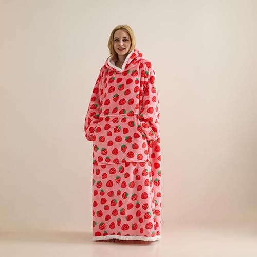 TSUTOMI Wearable Blanket Hoodie, Oversized Sherpa Wearable Hooded Blanket,Warm Cozy Sherpa Hoodie Gifts for Women Girls Adult Strawberry thumbnail 2