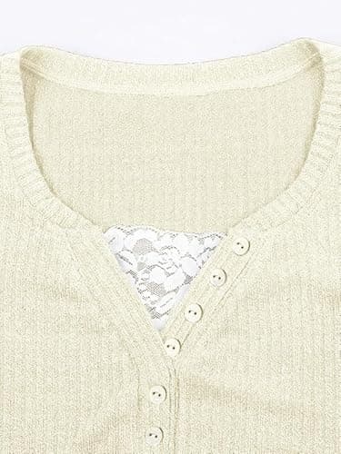 EMMIOL Lace Crop Button Up Shirts for Women Paneled Button Long Sleeve Knit Top Lightweight Slim Basic Knit Tunic Top Blouse thumbnail 5