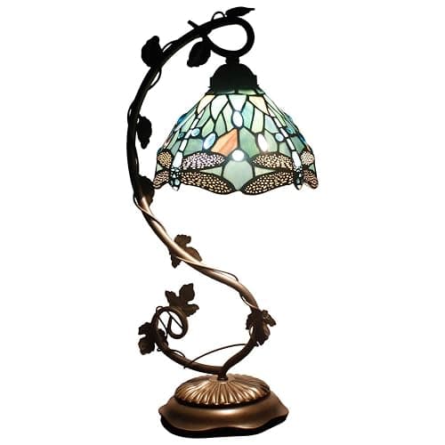 WERFACTORY Tiffany Lamp Sea Blue Stained Glass Dragonfly Style Desk Reading Light, Metal Leaf Table Lamp Base 8X10X21 Inches Decor Small Space Bedside Bedroom Home Office S147 Series - Image 1