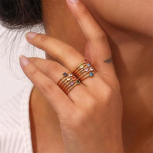 OAKKY Birthstone Rings for Women Stackable Finger Gemstone Gold Plated Cubic Zirconia Circle Colorful Thin Dainty Simple Wedding Engagement Jewelry thumbnail 3
