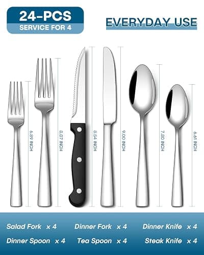 Stapava 24-Piece Silverware Set with Steak Knives, Food-Grade Stainless Steel Flatware Set for 4 Mirror Polished Cutlery Utensil Sets Include Forks Spoons and Knives Set Dishwasher Safe thumbnail 3