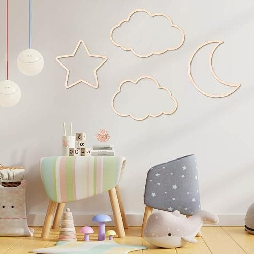 Kathfly4 Pieces Boho Nursery Cloud Star Wall Decor Wooden Babyroom Moon Rattan Wall Decor Wooden Rainbow for Children Baby Kids Boys Girls Bedroom Nursery Pendant(Cloud Moon Star) thumbnail 5