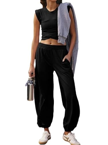 Glamaker Women's Two Piece Athletic Sets Casual Workout Sleeveless Cropped Tops High Sweatpants Joggers Tracksuits - Image 1