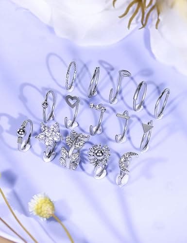 Kridzisw 18G 20G Nose Rings Studs Hypoallergenic 316L Surgical Steel L Shaped Screw Nose Rings Hoops Silver Heart Star Diamond Nose Piercing Jewelry for Women Men 42pcs thumbnail 4