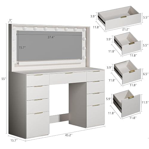 ALEXNUTRE Vanity Desk with Large Mirror and Lights, 45.3in Makeup Vanity with Power Outlet 9 Drawers & Storage, 3 Lighting Color Adjustable, White Vanity Desk for Bedroom thumbnail 2