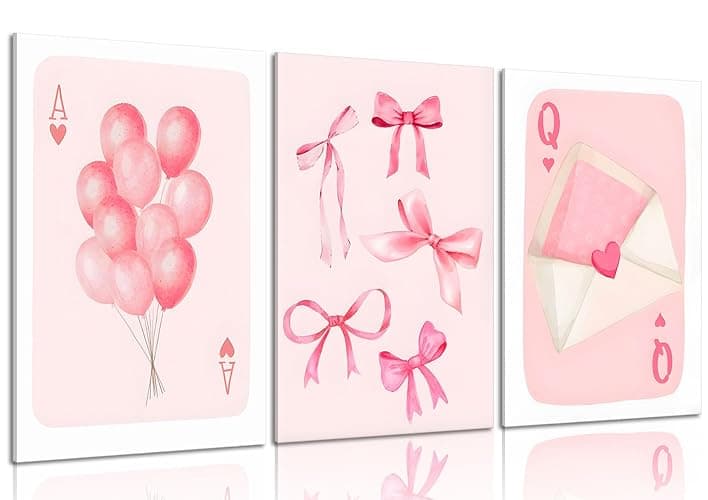 3 Pcs Framed Fashion Pink Bow Canvas Wall Art Preppy Girly Aesthetic Painting Picture Wall Decor Balloon Envelope Prints for College Apartment Girls Bedroom Living Room Home Decoration (12x16 Inch) - Image 1