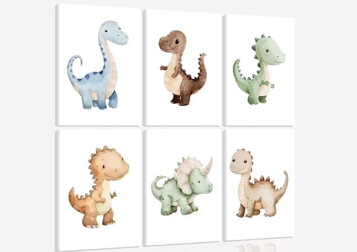 6Pcs Dinosaur Nursery Wall Art Kids Room Canvas Poster Toddler Baby Watercolor Dino Wall Decor Dinosaur Painting Prints Cute Dino Pictures for Nursery Bedroom Boy Playroom Framed - Image 1