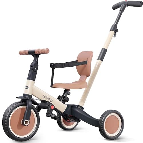 newyoo Toddler Tricycle with Push Handle for 1-3 Year Old, Toddler Bike, Birthday Gift and Toy for Boys and Girls, 5 in 1 Kids Trike, Balance Bike with Backrest and Safety Belt, Khaki, TR007 thumbnail 7