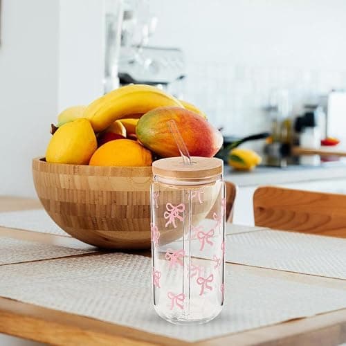 TOPPERFUN Cute Glass Water Cup with Lid and Straw: 400ml/ 13.5oz Glass Tumbler Drinking Set Travel Mug, Cute Bowknot Design Reusable for Beer Iced Coffee Whisky Water thumbnail 2