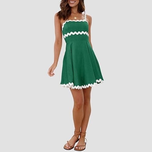Senllen Womens Summer Flowy Mini Dress 2026 Casual Spaghetti Straps Sleeveless Smocked Backless Swing Wave Trim Sundress thumbnail 4