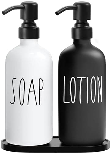 MOMEEMO Glass Soap Dispenser with Stainless Steel Pump, Contains Lotion Dispenser, Hand Soap Dispenser & Tray. (Black & White) - Image 1