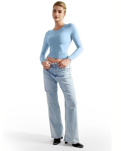 SUUKSESS Women Double Lined Fitted Basic T Shirts Crew Neck Long Sleeve Crop Top thumbnail 6