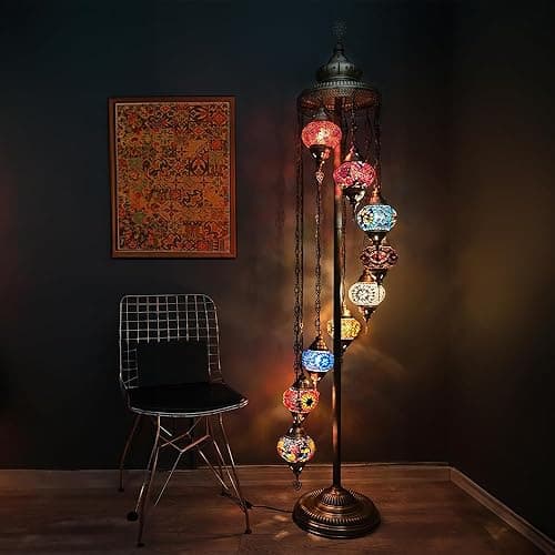 Turkish Lamp 9 Globe Mosaic Floor Lamp, Mosaic Standing Lamp, Moroccan Lamps, Floor Lamp for Decorative Home Designs Offer 5 inch Globe - Total Height 70 inch (Colormix) - Colormix