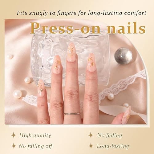 XZMeiLun 3D Boho Stars Gold Press On Nails Almond Medium 30Pcs, Heart Charms Design Reusable Acrylic Nails Press Ons, Fake Nails With Cute Celestial Glue On Nail, Daily Wear False Nail For Women thumbnail 2