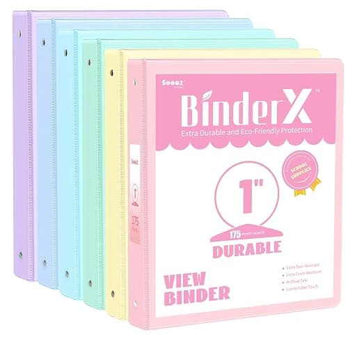 6 Pack Extra Durable 3 Ring Binders 1 inch, Sooez 1” Three Round Ring Binders with Pockets, Cute Customizable Clear View Cover for 8.5 x 11 Letter Size Papers, Pastels School Office Supplies for Girl - Image 1