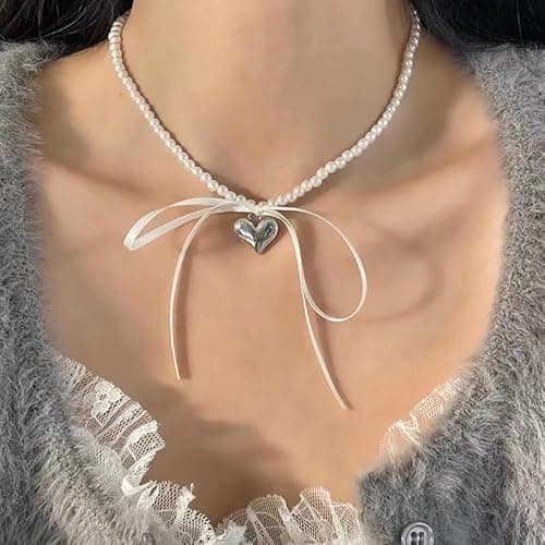 Pearl Ribbon Bow Choker Necklaces Y2k Coquette Pearl Necklace with Heart Bow Necklace for Women thumbnail 4