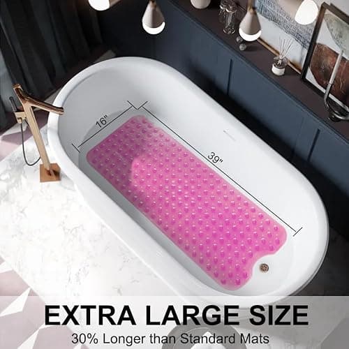TreeBud Bathtub Mats for Shower Tub Non-Slip Bath Mat 39 x 16 Inch Extra Long Shower Mat, Bath Tub Mat for Bathroom with Machine Washable, BPA Free for Kids (Clear Hot Pink) thumbnail 4