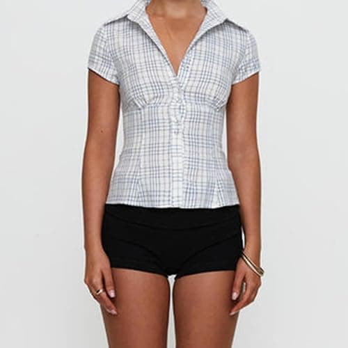 Women Y2k Short Sleeve Button Up Shirt Lapel Collar V Neck Plaid Open Front Blouse Basic Casual Going Out T-Shirt thumbnail 2