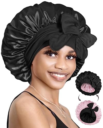 BONNET QUEEN Seidenhaube zum Schlafen mit Haarschutz für Nacht, Doppelseitige Schlafhaube Seide für Lange Haare & Locken, Verstellbare Satin Haarhaube für Damen mit Bindeband, Rosa & Schwarz - Image 1