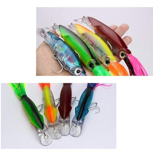 Damidel 4Pcs Large Simulation Squid Fishing Lures Bait Kit,3D Holographic Eyes，Built-in Multicolored Lead Blocks Through Heavy Duty ，Stable and Tempting thumbnail 5