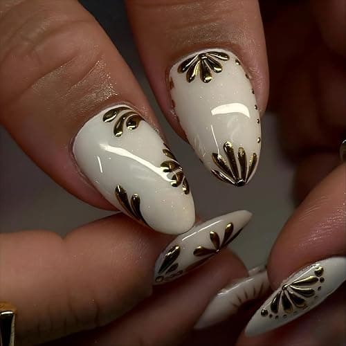 LPOODDNU Almond 3D Gilding Press on Nails - Medium Fake Nails with Gold Flower and Red Heart Designs, Glossy Finished Reusable False Nails with Adhesive Glue Tabs - 24Pcs Nail Kit for Women Manicure thumbnail 3