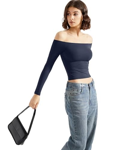 SUUKSESS Women Off Shoulder Double Lined Long Sleeve Shirts Basic Going Out Tops thumbnail 4