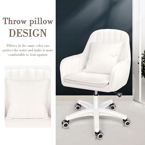 HDHNBA Mid Back Velvet Vanity Chair Swivel Rolling Desk Chair with Wheels, Modern Upholstered Makeup Chair for Women Girls, Computer Task Chair for Bedroom Living Room Office, White thumbnail 7